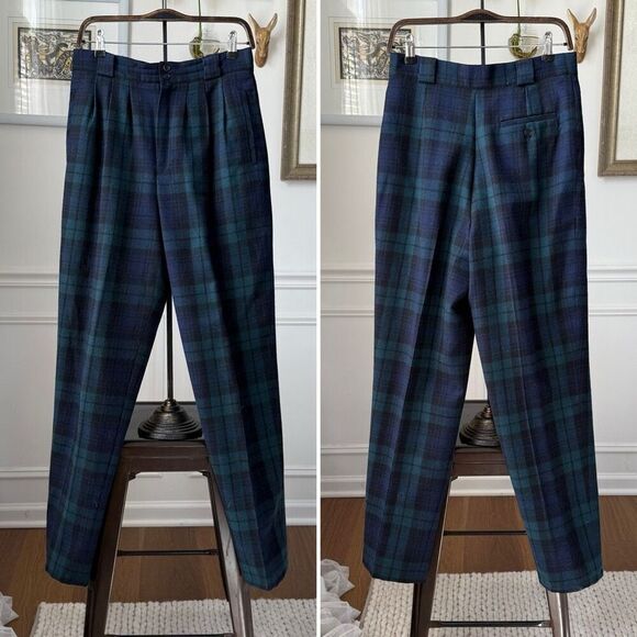 Vintage Pants - Vintage 90s Summit Hill 100% Wool Blackwatch Plaid Pleat Front Trousers Pants 10